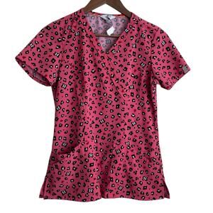 Code Happy Scrubs Women Top S Pink Cheetah‎ Medical Uniform Nurse Workwear
